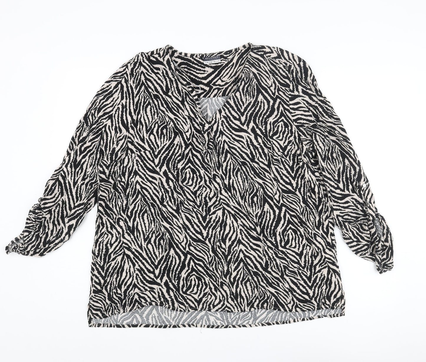 Beloved Womens Black Animal Print Viscose Basic Blouse Size 18 V-Neck - Tiger Print