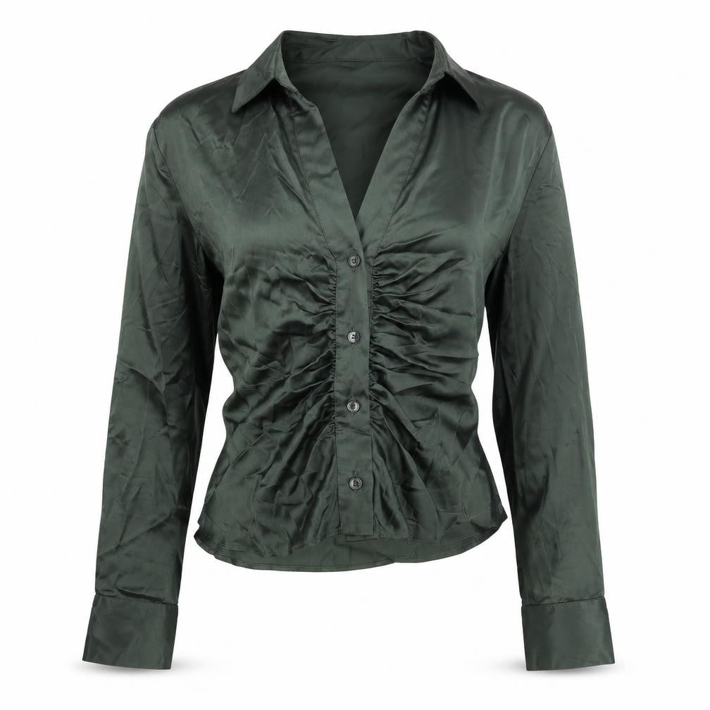 Zara Womens Green Polyester Basic Blouse Size M Collared - Rouched