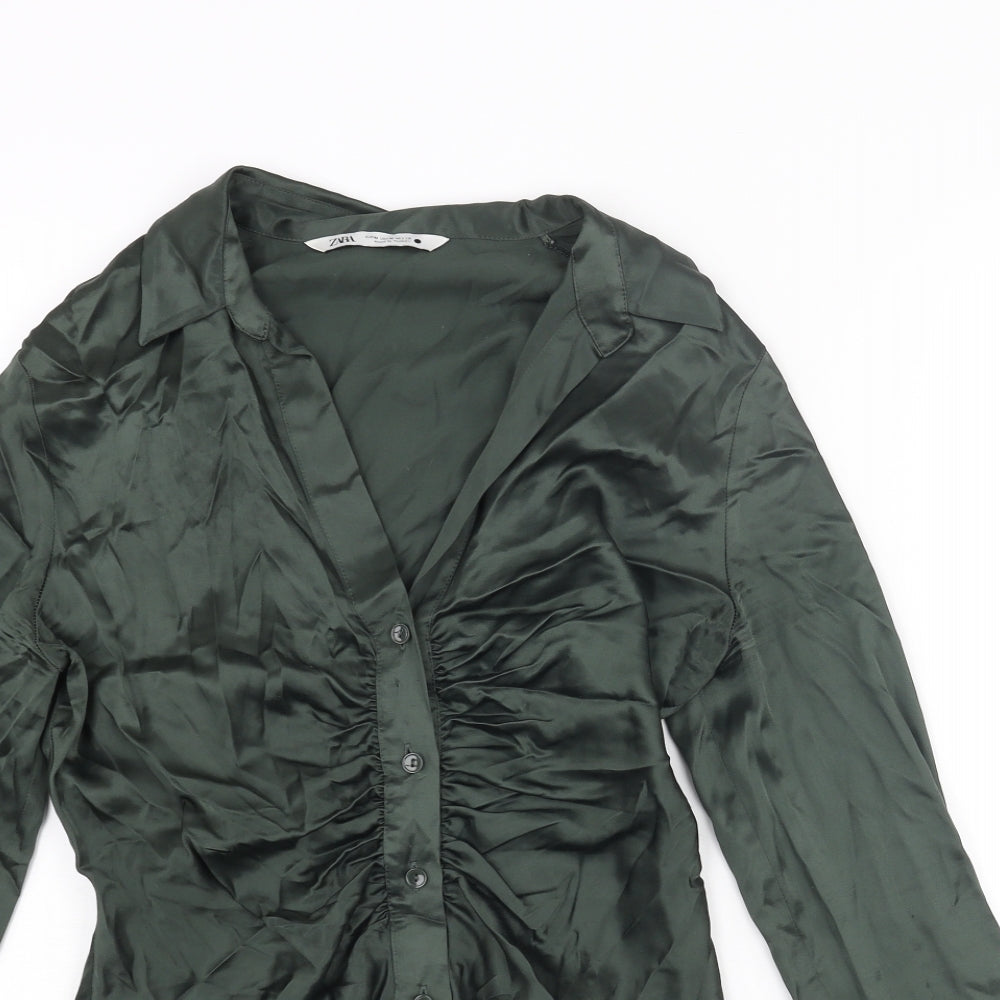 Zara Womens Green Polyester Basic Blouse Size M Collared - Rouched
