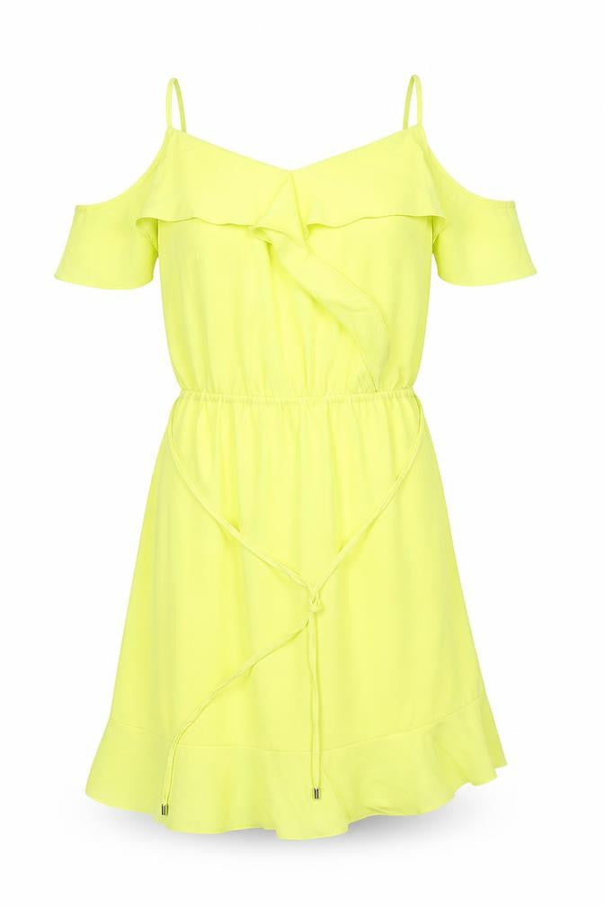 Oasis Womens Yellow Polyester A-Line Size 12 Scoop Neck Pullover - Asymmetric, Ruffles