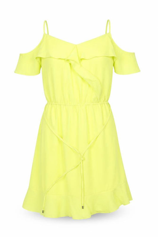Oasis Womens Yellow Polyester A-Line Size 12 Scoop Neck Pullover - Asymmetric, Ruffles