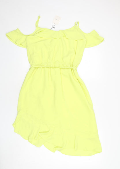 Oasis Womens Yellow Polyester A-Line Size 12 Scoop Neck Pullover - Asymmetric, Ruffles