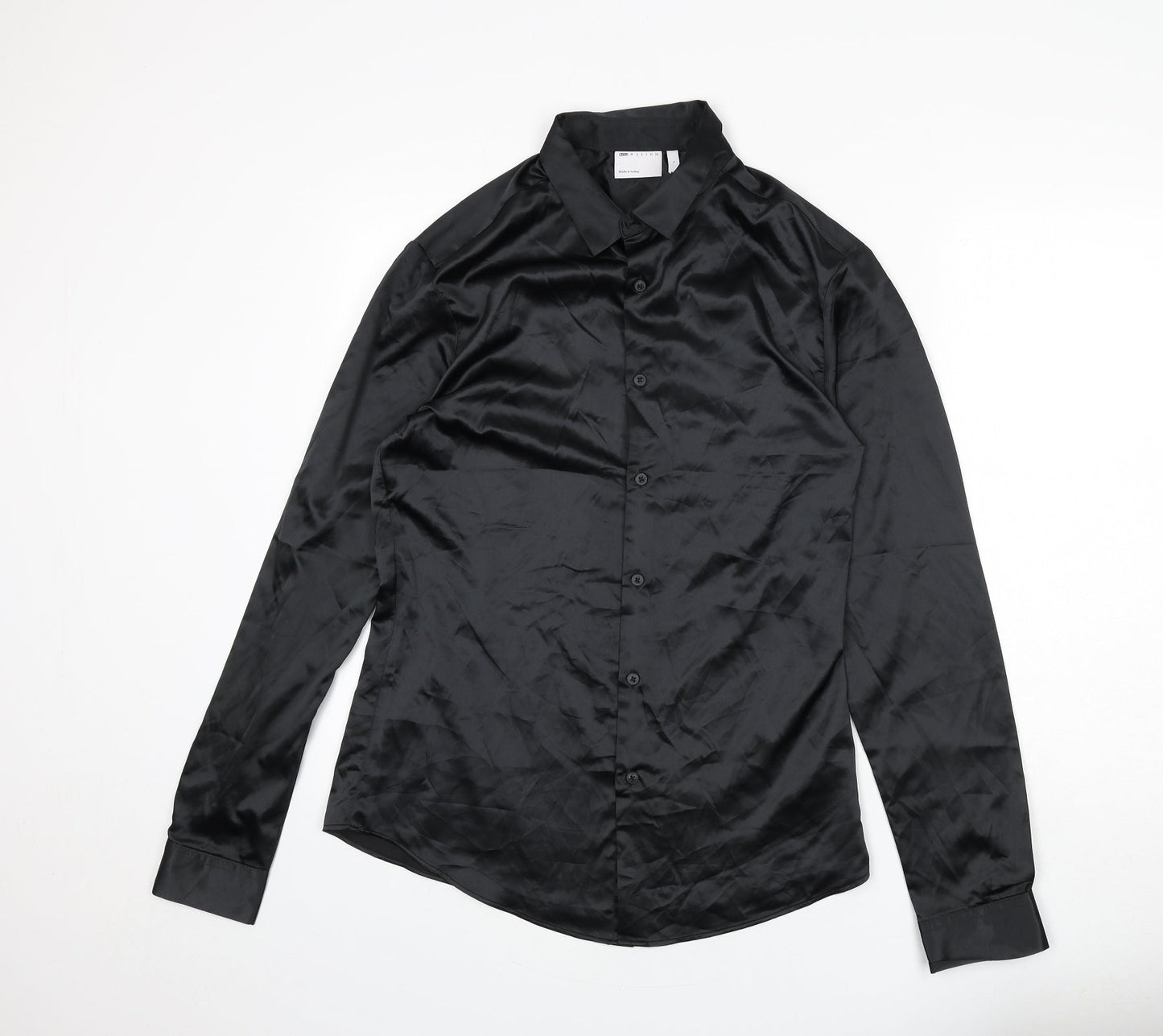 ASOS Mens Black Polyester Button-Up Size L Collared Button