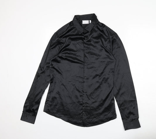 ASOS Mens Black Polyester Button-Up Size L Collared Button