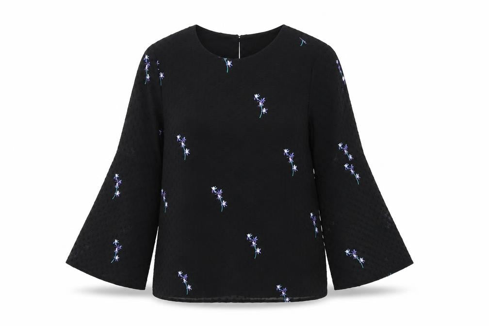 Warehouse Womens Black Polka Dot Polyester Basic Blouse Size 6 Round Neck - Floral Embroidery