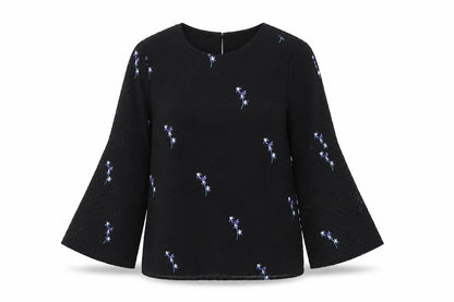 Warehouse Womens Black Polka Dot Polyester Basic Blouse Size 6 Round Neck - Floral Embroidery