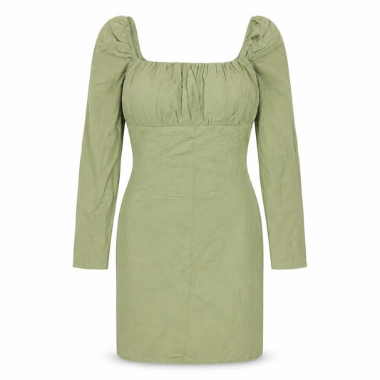 Bershka Womens Green Cotton Bodycon Size M Square Neck Zip - Shirred Back