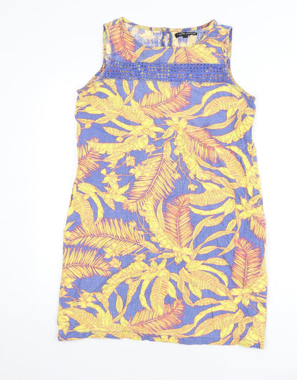 Next Womens Multicoloured Geometric Linen Sheath Size 10 Round Neck Button - Leaf Print