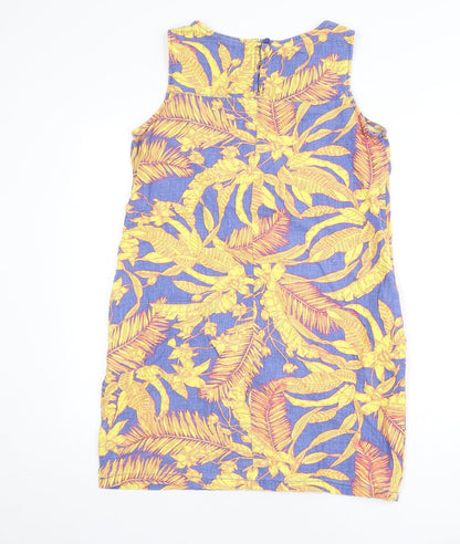 Next Womens Multicoloured Geometric Linen Sheath Size 10 Round Neck Button - Leaf Print