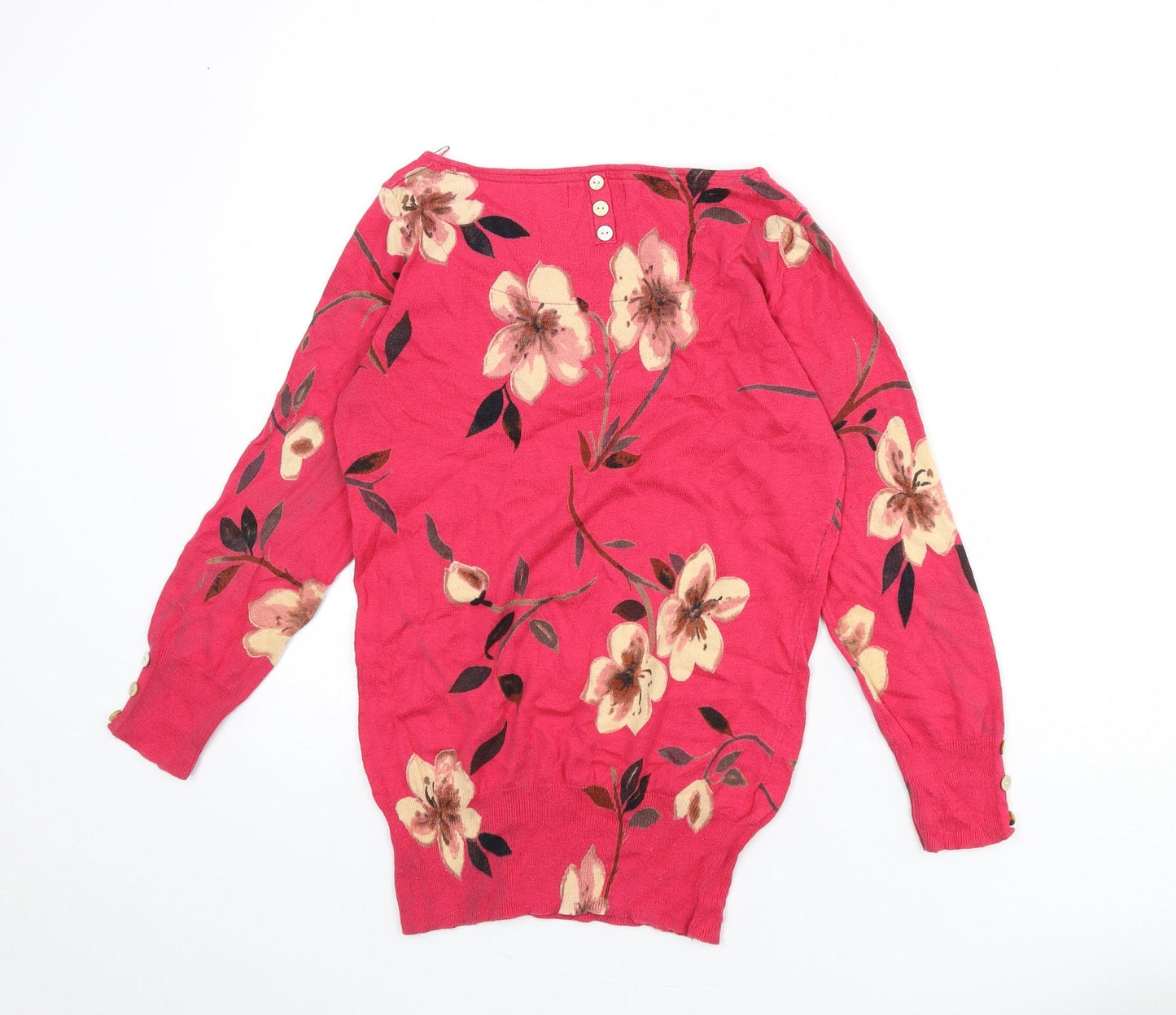 NEXT Womens Pink Boat Neck Floral Cotton Pullover Jumper Size 8 - Button Detail