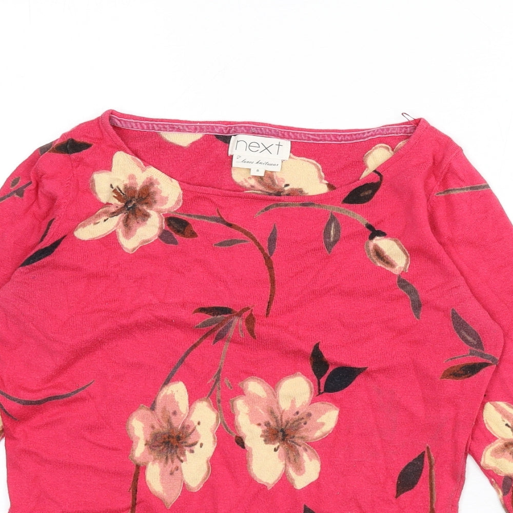 NEXT Womens Pink Boat Neck Floral Cotton Pullover Jumper Size 8 - Button Detail