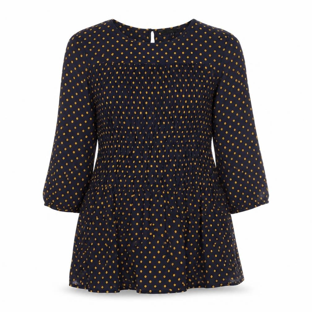 Next Womens Blue Polka Dot Viscose Tunic Blouse Size 6 Round Neck - Shirred, Sheer