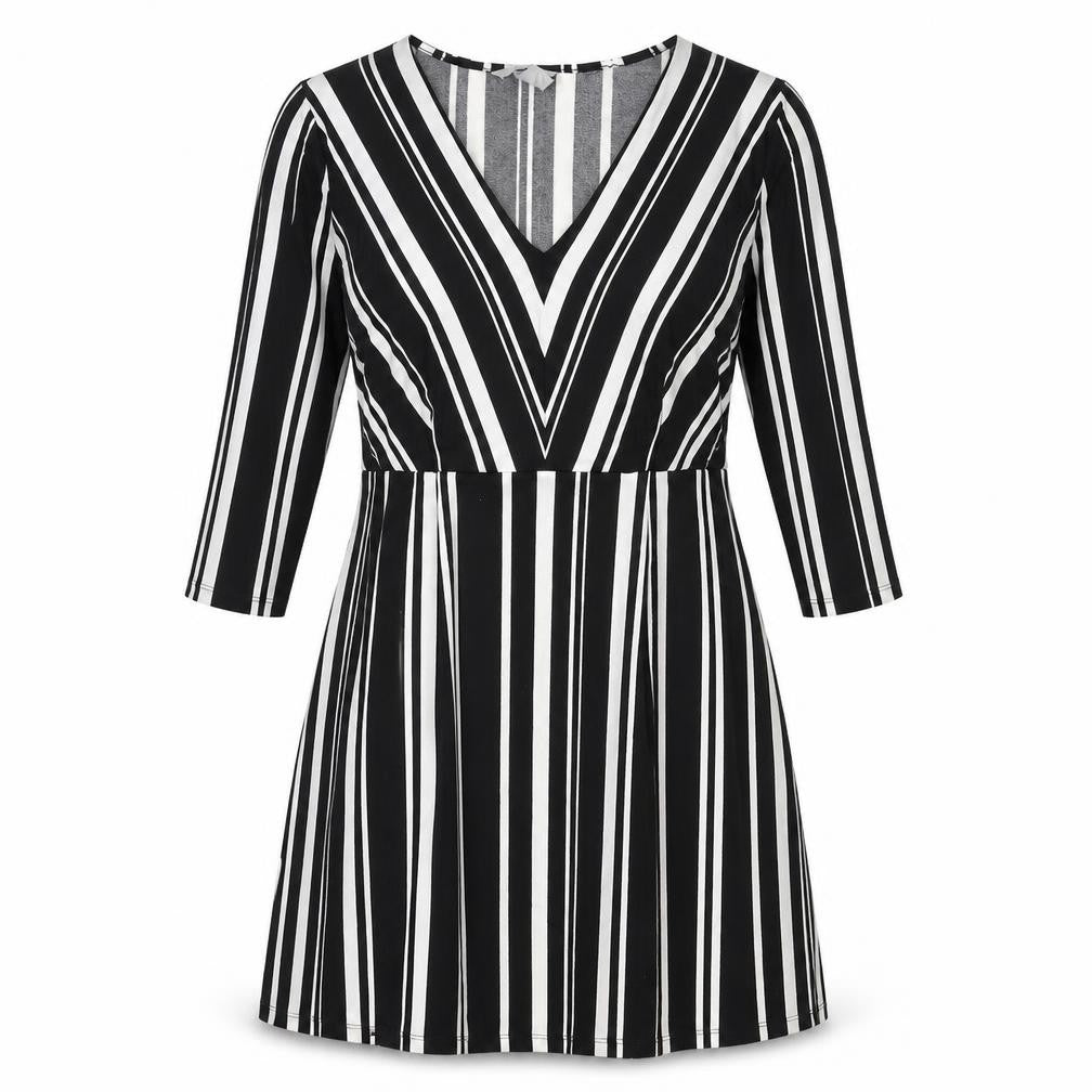 H&M Womens Black Striped Polyester A-Line Size S V-Neck Pullover