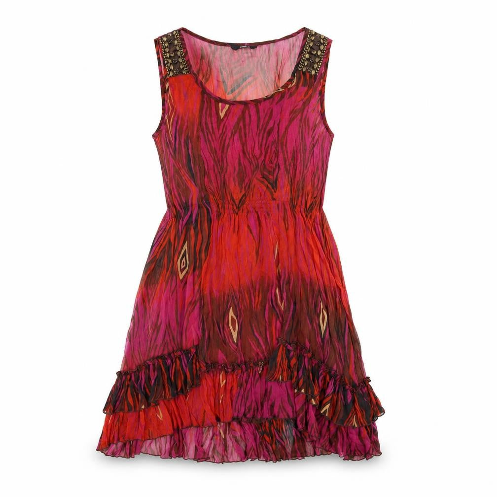 M&Co Womens Multicoloured Geometric Polyester A-Line Size 14 Scoop Neck Pullover - Beaded, Ruffle Hem
