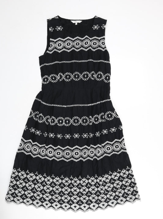 RJR.John Rocha Womens Black Geometric Cotton A-Line Size 12 Round Neck Zip - Embroidered Detail