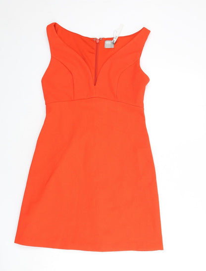 Additional front view of ASOS women’s orange polyester a-line, size UK 10, sweetheart zip