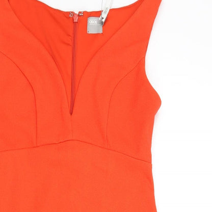 Close-up detail of ASOS women’s orange polyester a-line, size UK 10, sweetheart zip