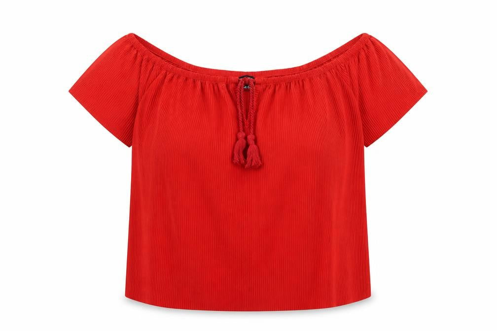 New Look Womens Red Polyester Basic Blouse Size 6 Off the Shoulder - Ribbed, Tassels, Bardot