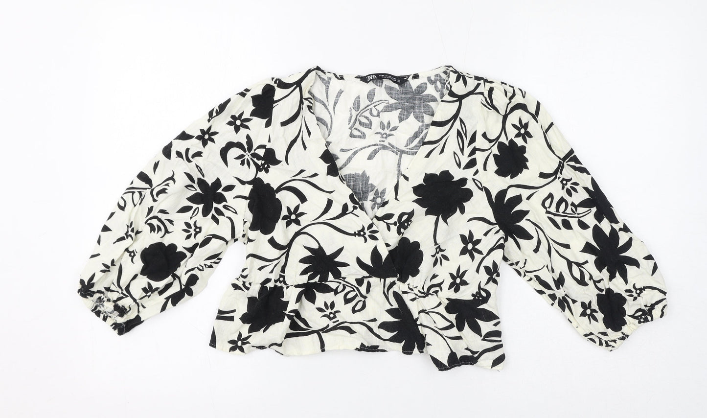 Zara Womens Ivory Floral Viscose Cropped Blouse Size XS V-Neck