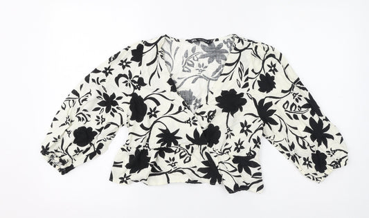Zara Womens Ivory Floral Viscose Cropped Blouse Size XS V-Neck