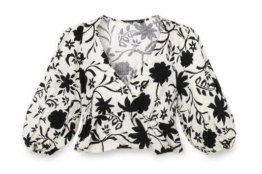 Zara Womens Ivory Floral Viscose Cropped Blouse Size XS V-Neck