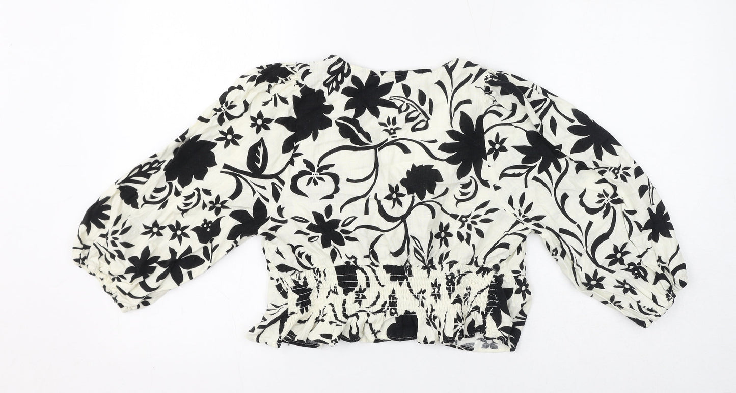 Zara Womens Ivory Floral Viscose Cropped Blouse Size XS V-Neck