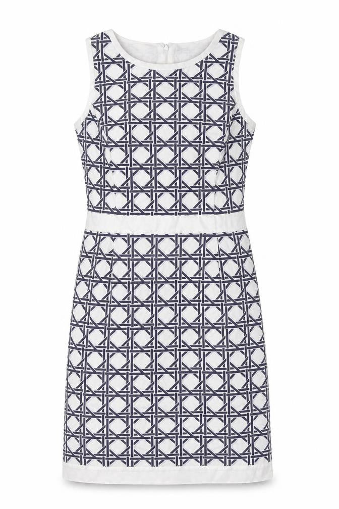 Brooks Brothers Womens White Geometric Cotton Pencil Dress Size 10 Round Neck Zip