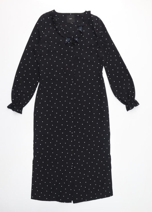 NEXT Womens Black Geometric Polyester Shirt Dress Size 8 V-Neck Button - Spades, Ruffles