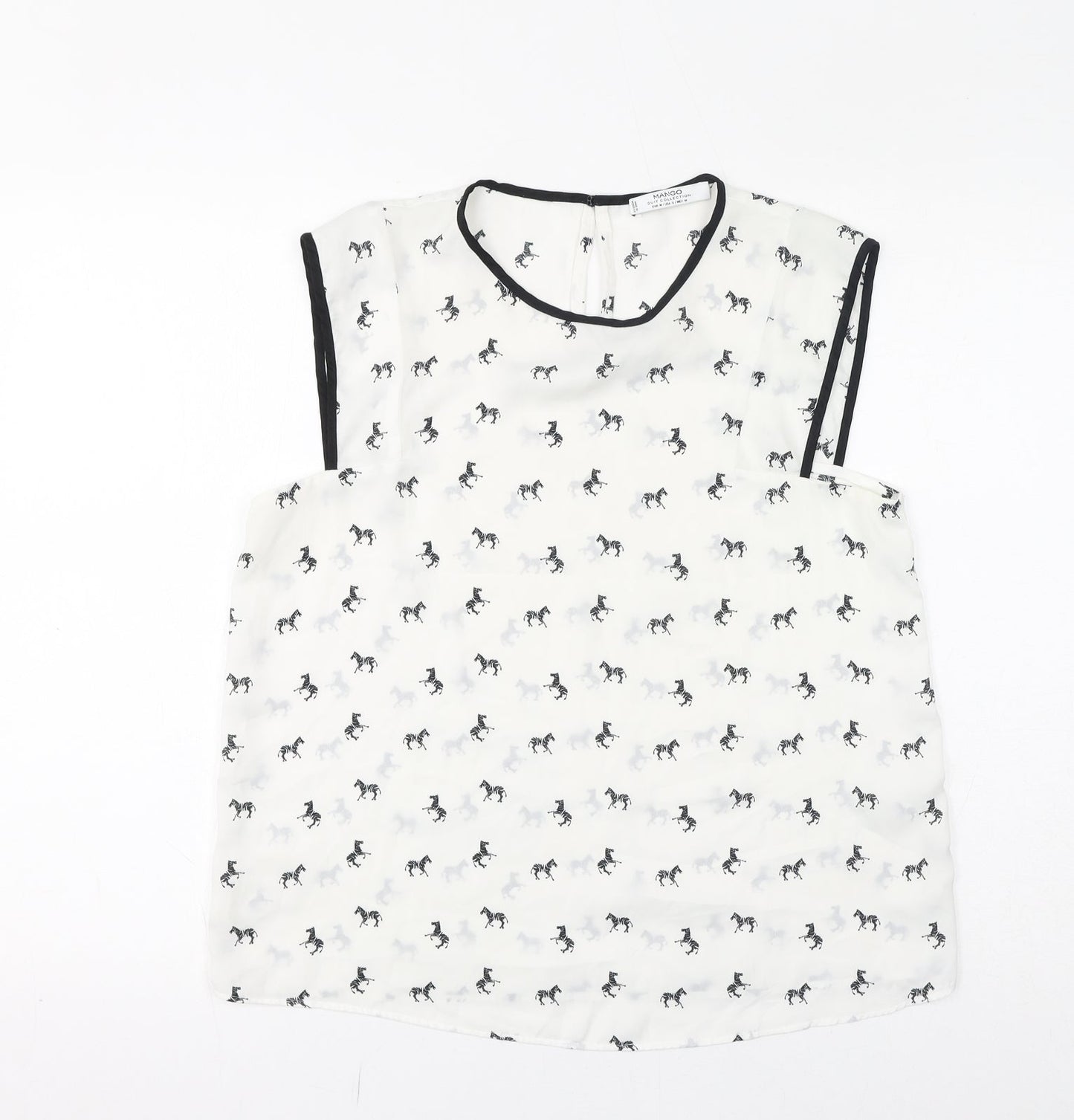 Mango Womens White Geometric Polyester Basic Tank Size M Round Neck - Zebras, Sheer