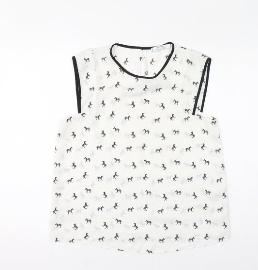 Mango Womens White Geometric Polyester Basic Tank Size M Round Neck - Zebras, Sheer