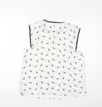 Mango Womens White Geometric Polyester Basic Tank Size M Round Neck - Zebras, Sheer