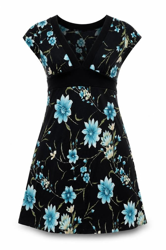 too true Womens Black Floral Polyester A-Line Size M V-Neck Pullover - Size M-L, Belted