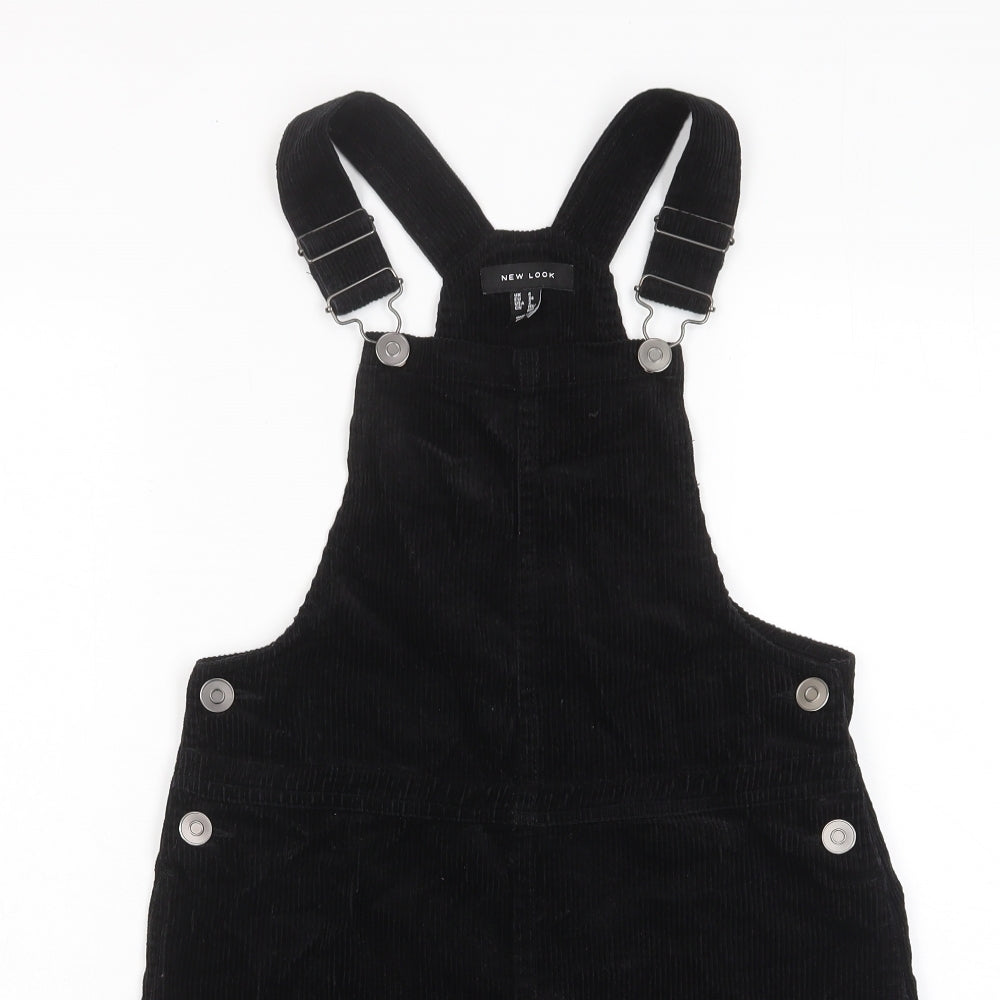 New Look Womens Black Cotton Pinafore/Dungaree Dress Size 6 Square Neck Button