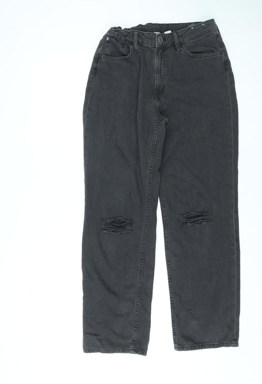 H&M Girls Black Cotton Straight Jeans Size 14 Years L28 in Regular Zip - Adjustable Waist, Distressed