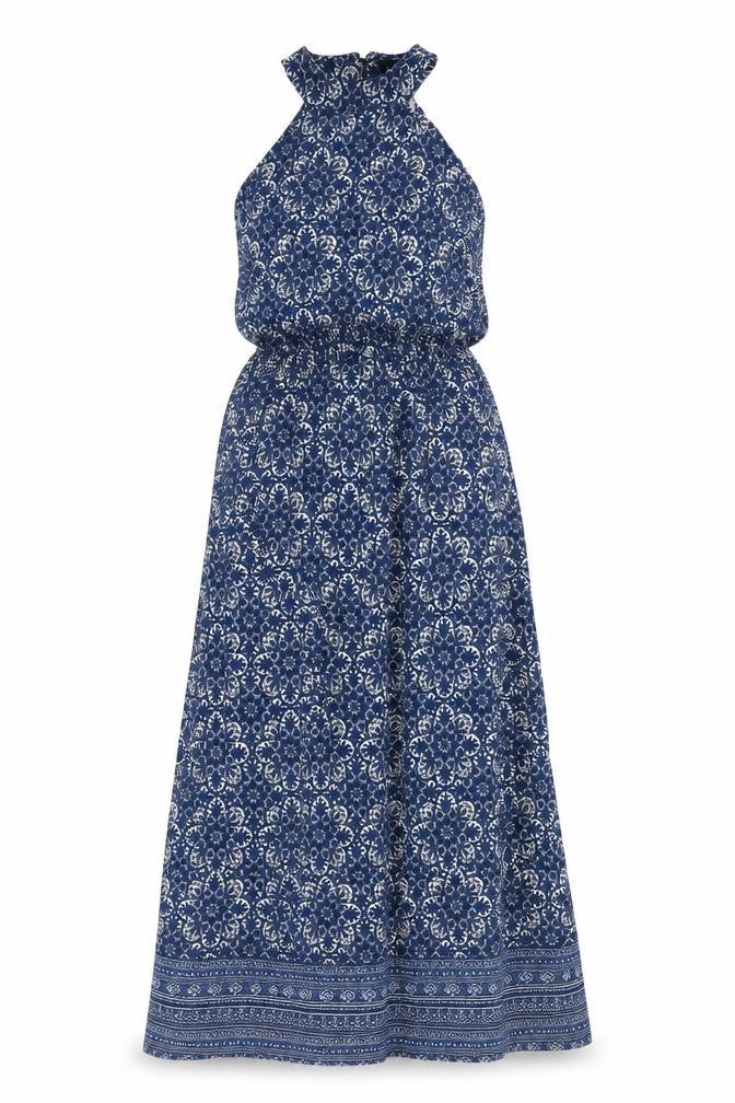 Club L Womens Blue Geometric Viscose Maxi Size 14 Halter Button