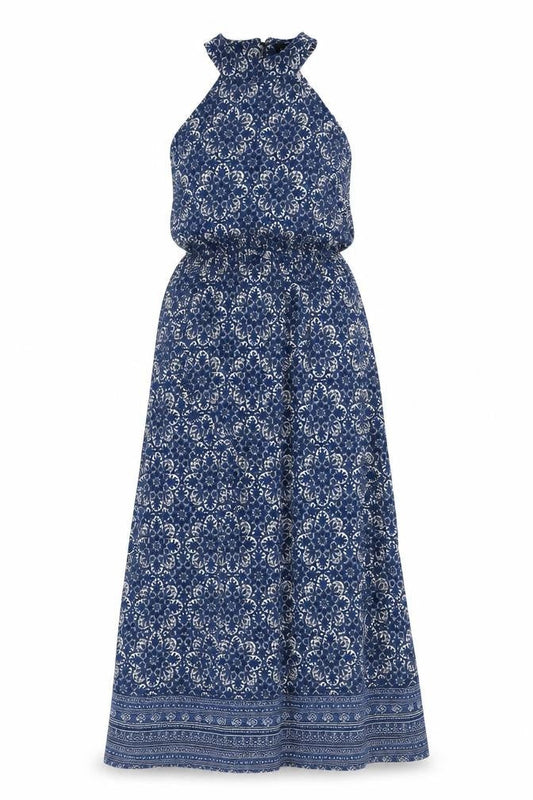Club L Womens Blue Geometric Viscose Maxi Size 14 Halter Button