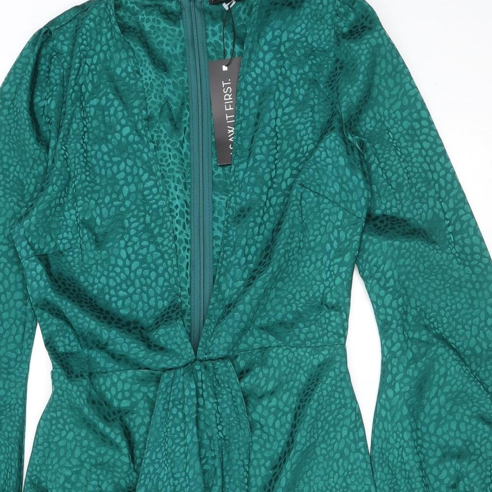 I SAW IT FIRST Womens Green Animal Print Polyester Mini Size 10 V-Neck Zip - Croc print, Balloon sleeves