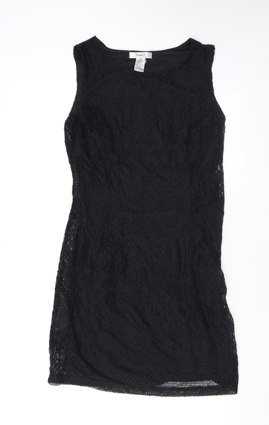 Pinky Womens Black Geometric Cotton Pencil Dress Size S Boat Neck Pullover - Lace