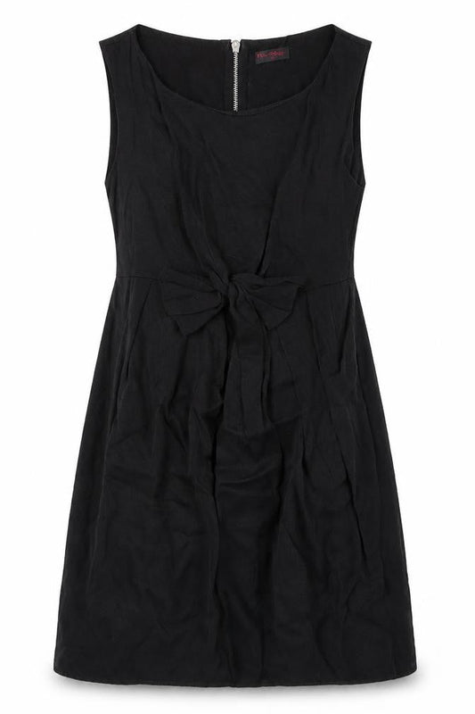 Front view of Miss Selfridge women’s black viscose mini, size UK 10, round neck zip