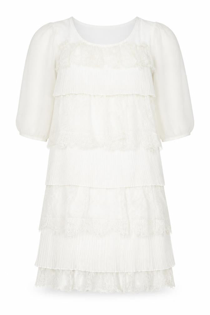 Layla Womens White Polyester A-Line Size S Scoop Neck Pullover - Lace, Ruffles