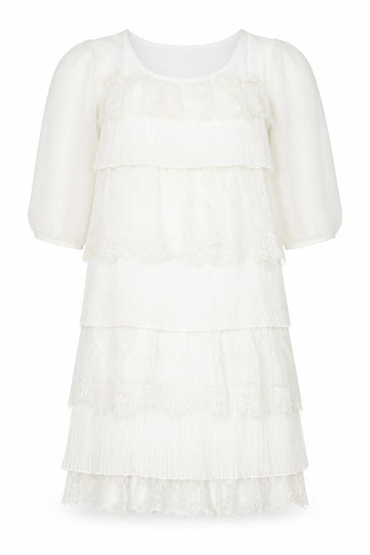 Layla Womens White Polyester A-Line Size S Scoop Neck Pullover - Lace, Ruffles
