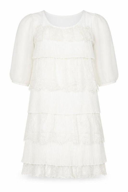 Layla Womens White Polyester A-Line Size S Scoop Neck Pullover - Lace, Ruffles