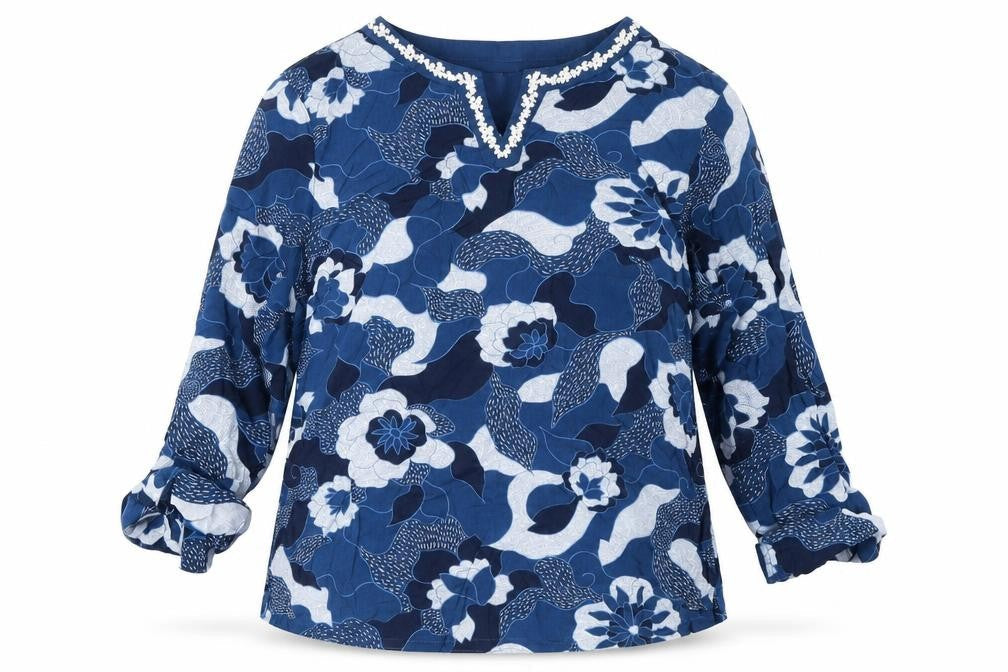 TIGI Womens Blue Geometric Polyester Tunic Blouse Size 10 V-Neck