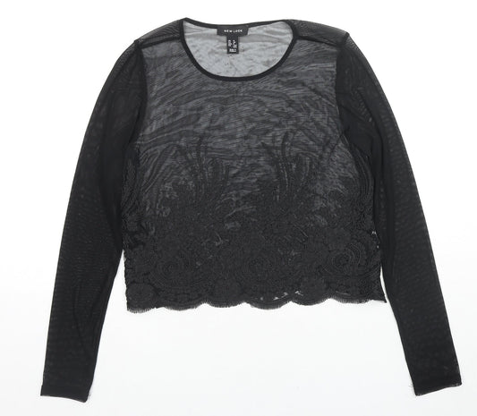 New Look Womens Black Geometric Polyester Basic Blouse Size 12 Round Neck