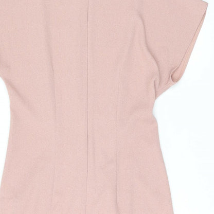 Brand and care label for ASOS women’s pink polyester shift, size UK 12, boat neck zip
