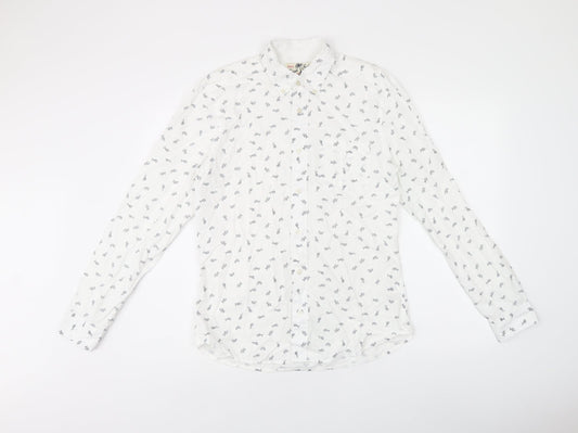 NEXT Mens White Geometric Cotton Button-Up Size S Collared Button - Fish print