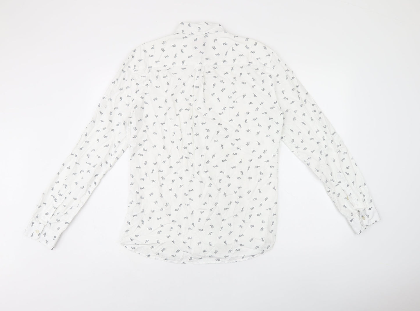 NEXT Mens White Geometric Cotton Button-Up Size S Collared Button - Fish print
