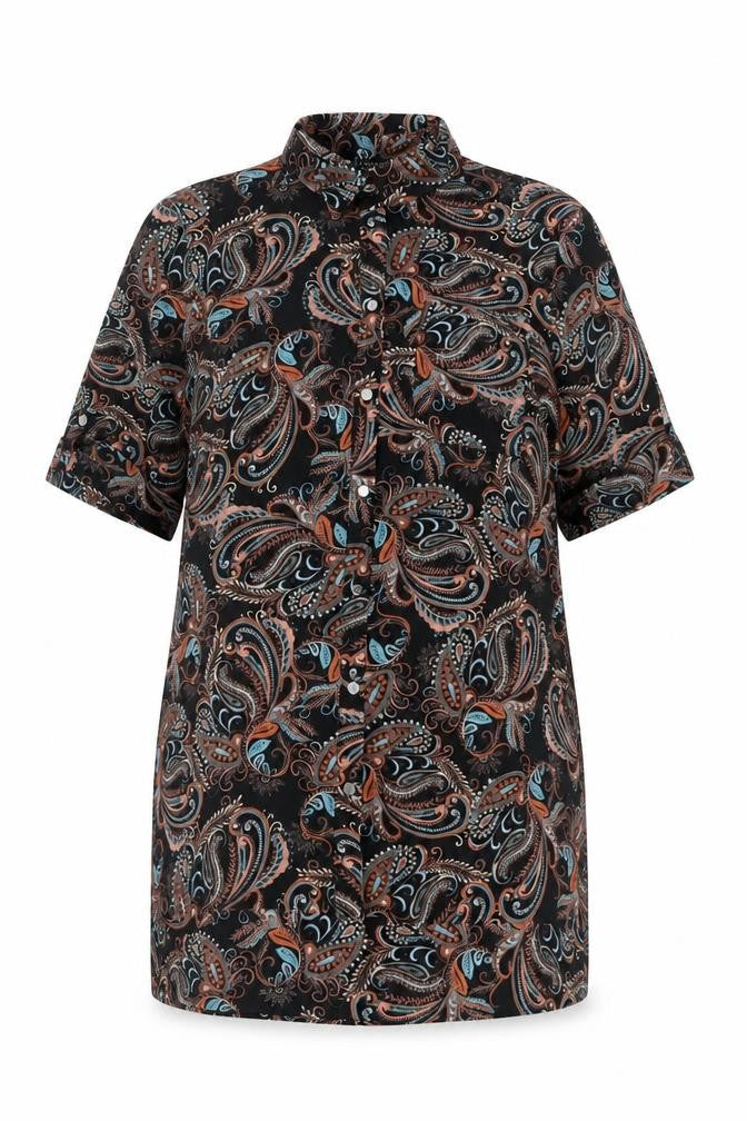 Definitions Womens Black Paisley Polyester Basic Button-Up Size 14 Collared