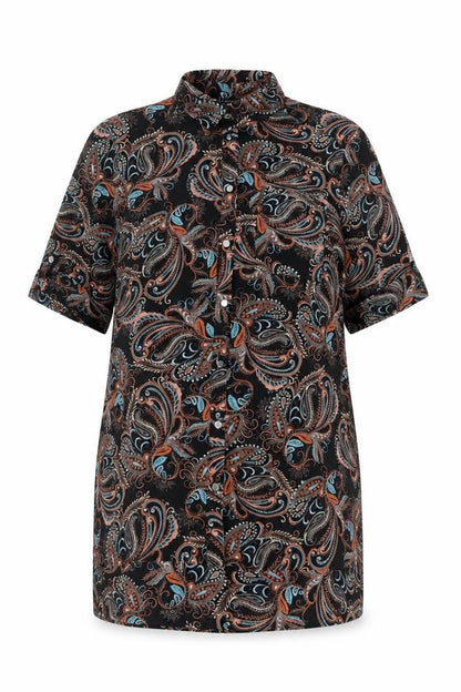 Definitions Womens Black Paisley Polyester Basic Button-Up Size 14 Collared