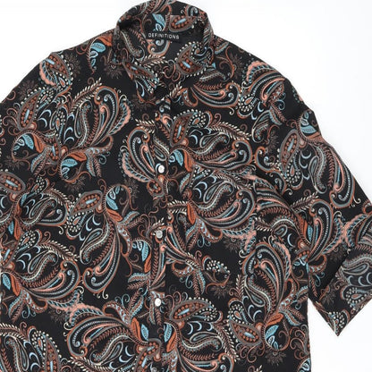 Definitions Womens Black Paisley Polyester Basic Button-Up Size 14 Collared